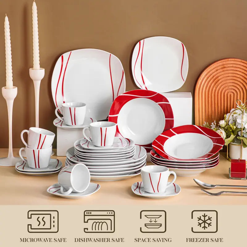 MALACASA Fiesta Dinnerware Sets, 18/24/30 PCS-Porcelain Square Dishes, Modern Dish Set for 6 - Plates and Bowls Sets, Cups and Saucers Set - Series FELISA Winter Holiday summerwins