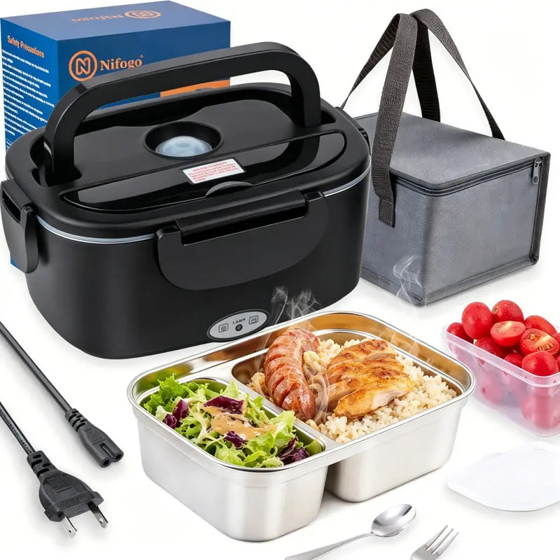 100W Fast-Heating Thermal Lunch Box for Adults, Portable Plastic Insulated Lunch Box with Insulated Bag, 12V/24V Car & 110V Home Dual Use, Rainproof Plug Lonchera Electrica