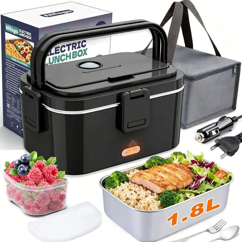 100W Fast-Heating Thermal Lunch Box for Adults, Portable Plastic Insulated Lunch Box with Insulated Bag, 12V/24V Car & 110V Home Dual Use, Rainproof Plug Lonchera Electrica