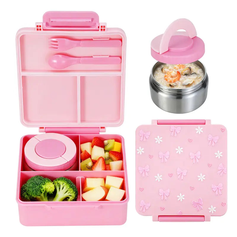 ChicLab Unicorn Pattern Reusable Lunch Box - 4 BPA-Free Compartments, Airtight Leakproof Insulated Sturdy Tableware with 8oz Soup Thermos, Portable Lightweight for School
