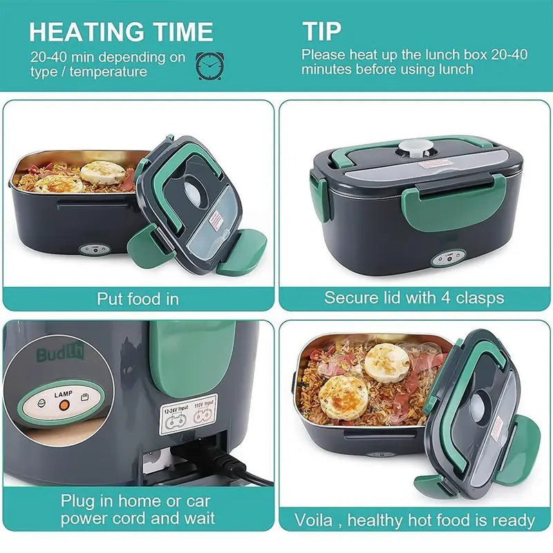 2-in-1 Electric Heating Durable Bento Box for Adults - Leakproof Lunch Box with Handle, 4 Removable Stainless Steel Containers, 2 Plugs (110V-12V-24V 60W) for Car/Truck/Home, Kitchenware Tableware