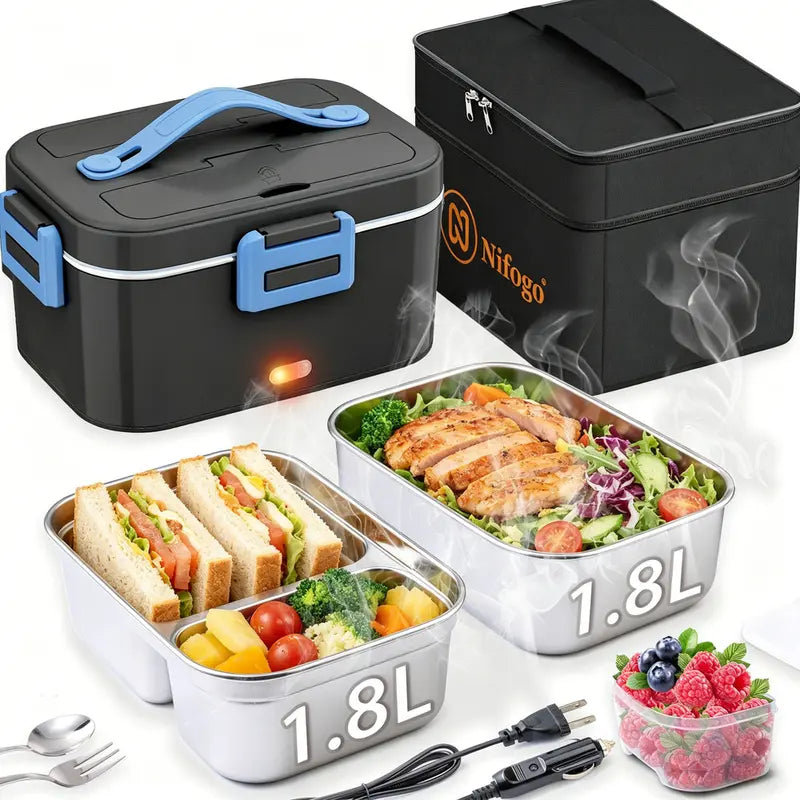 100W Fast-Heating Thermal Lunch Box for Adults, Portable Plastic Insulated Lunch Box with Insulated Bag, 12V/24V Car & 110V Home Dual Use, Rainproof Plug Lonchera Electrica