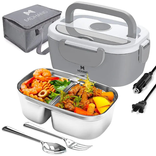 Modern Stainless Steel Insulated Heated Lunch Box with Tray, Lid, Plastic Fork, Spoon, Insulated Bag & Tableware Bag - 12V-24V Car Portable Food Warmer with 2 Different Plugs, 360° Even Fast Heat, Temperature-Controlled for Truck Drivers, Travel