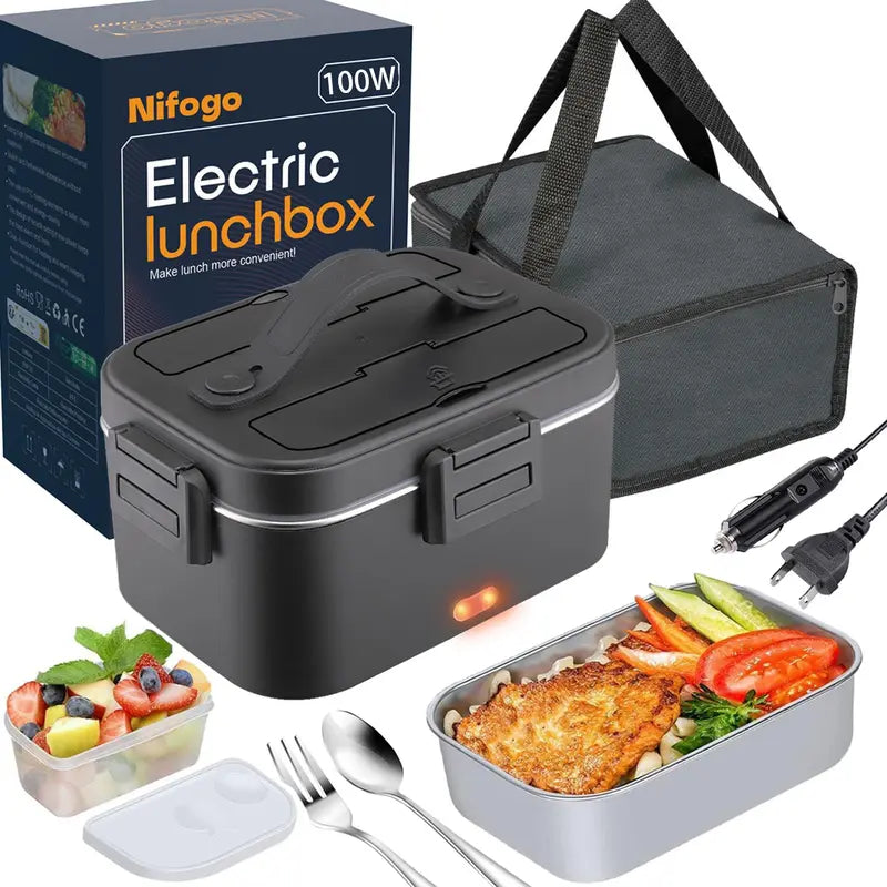 Nifogo 1-Layer Electric Heated Lunch Box - Thermal, 1.5L/1.8L/2.5L Fast Heating, Leak-Proof Insulated, 110V-12V-24V Portable with Tableware Inside & Insulated Lunch Bag for Home, Work