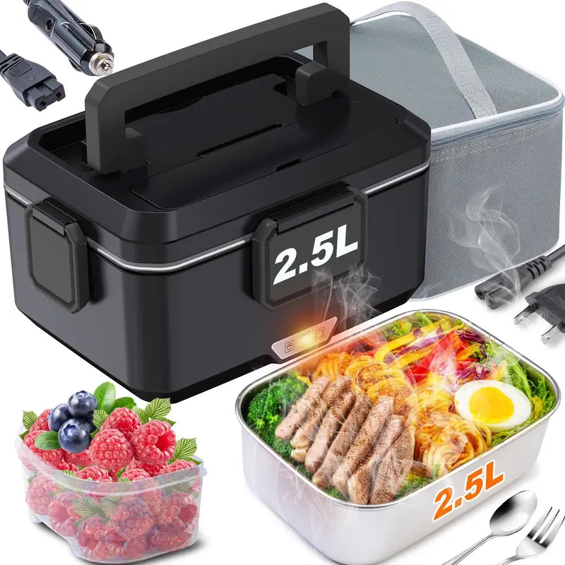 100W Fast-Heating Thermal Lunch Box for Adults, Portable Plastic Insulated Lunch Box with Insulated Bag, 12V/24V Car & 110V Home Dual Use, Rainproof Plug Lonchera Electrica