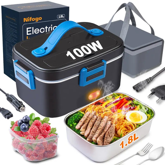 12V/24V/110V Universal Voltage Rectangular Heated Lunch Box Complete Set for Trucks, Dual-Use Electric Food Warmer with Removable Liner, Precise Heating, Stylish Tableware, Portable Fork-Spoon Bag, Waterless Design for Workplace Lunches