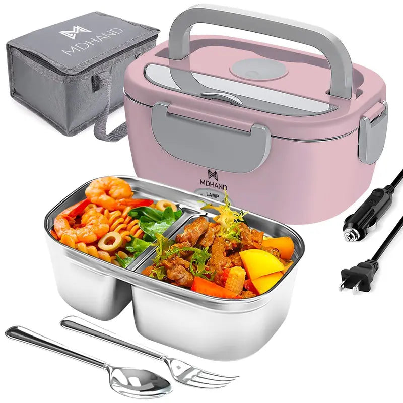 Modern Stainless Steel Insulated Heated Lunch Box with Tray, Lid, Plastic Fork, Spoon, Insulated Bag & Tableware Bag - 12V-24V Car Portable Food Warmer with 2 Different Plugs, 360° Even Fast Heat, Temperature-Controlled for Truck Drivers, Travel