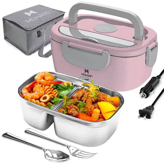 Modern Stainless Steel Insulated Heated Lunch Box with Tray, Lid, Plastic Fork, Spoon, Insulated Bag & Tableware Bag - 12V-24V Car Portable Food Warmer with 2 Different Plugs, 360° Even Fast Heat, Temperature-Controlled for Truck Drivers, Travel