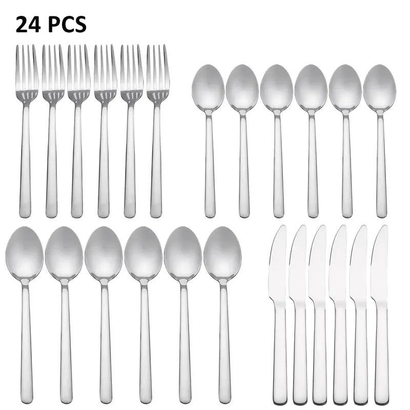 24PCS Stainless Steel Cutlery Set - Smooth Rounded Handle, Mirror Polished, Dishwasher Safe, Service for 6, Family Home Dinners Tableware for Restaurant or Camping