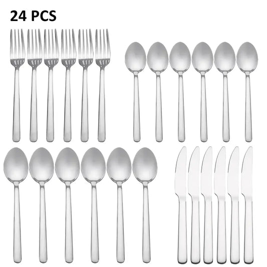 24PCS Stainless Steel Cutlery Set - Smooth Rounded Handle, Mirror Polished, Dishwasher Safe, Service for 6, Family Home Dinners Tableware for Restaurant or Camping