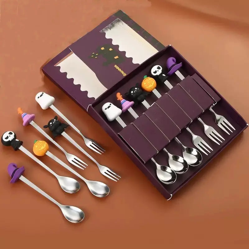 Halloween Stainless Steel Cutlery Set, Tableware Sets, Durable Tableware, Dinnerware, Tableware Kit, Kitchen Dining Utensils, 6-Piece Colorful Dessert Spoons & Fruit Forks, Long Handle Stirring Spoon, Perfect Gift Idea