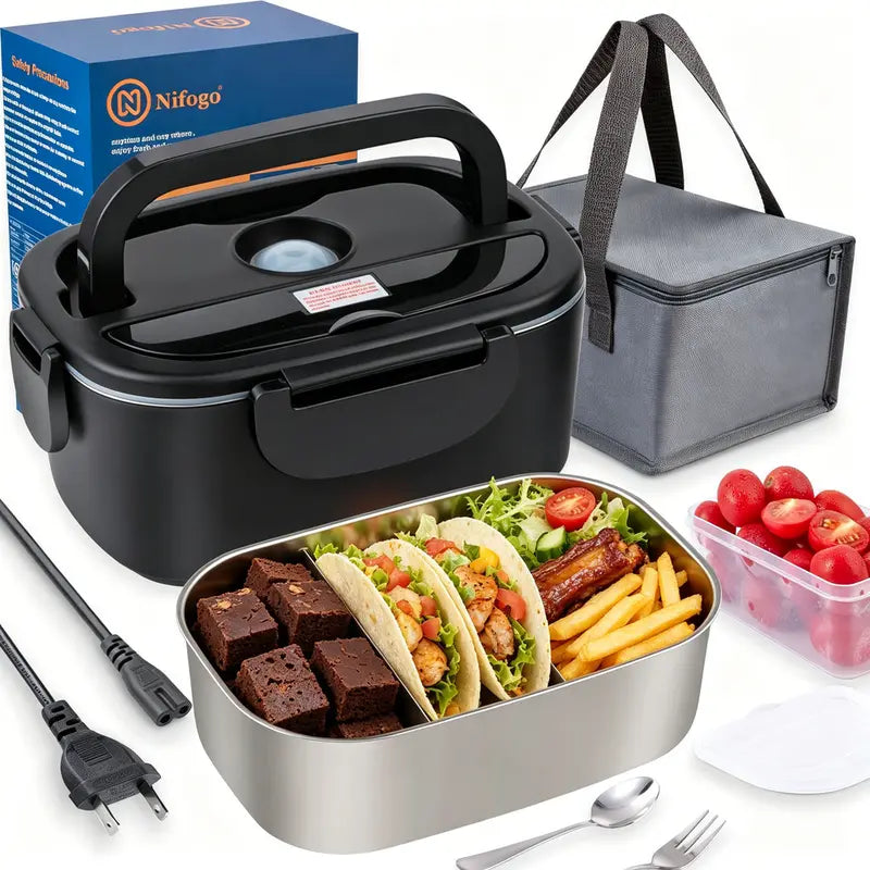 100W Fast-Heating Thermal Lunch Box for Adults, Portable Plastic Insulated Lunch Box with Insulated Bag, 12V/24V Car & 110V Home Dual Use, Rainproof Plug Lonchera Electrica