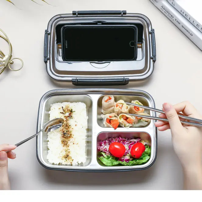 Geometric BPA-Free Personal Lunch Box - Aesthetic Compact for Backpacks Insulated Reusable Thermal Tableware, 3-Grid Steel & Silicone Set, Blue, Includes Spoon, Chopsticks, Snack Container, Ideal for School Kids