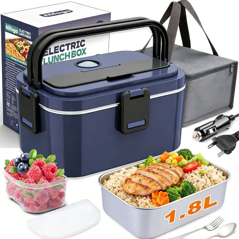 100W Fast-Heating Thermal Lunch Box for Adults, Portable Plastic Insulated Lunch Box with Insulated Bag, 12V/24V Car & 110V Home Dual Use, Rainproof Plug Lonchera Electrica