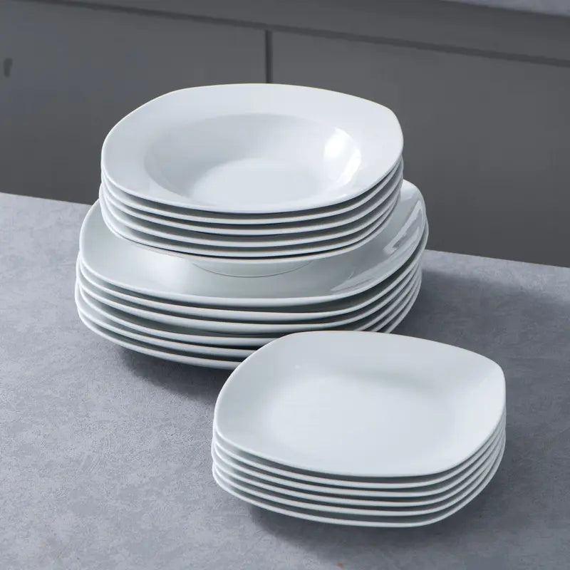 MALACASA Porcelain Dinnerware Set - Square Ceramic Plates & Bowls Set, 18/24/30/36/50 Pieces, Modern Design, Dishwasher & Microwave Safe Cutlery Winter Holiday