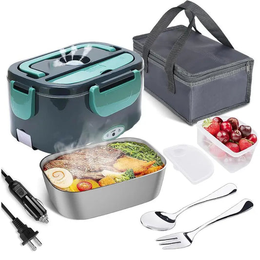 2-in-1 Electric Heating Durable Bento Box for Adults - Leakproof Lunch Box with Handle, 4 Removable Stainless Steel Containers, 2 Plugs (110V-12V-24V 60W) for Car/Truck/Home, Kitchenware Tableware